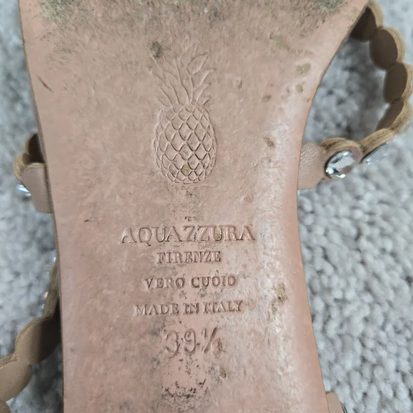 Aquazzura Tequila Crystal-Embellished Leather Flat Sandals Beige Sz 39.5 US 9.5